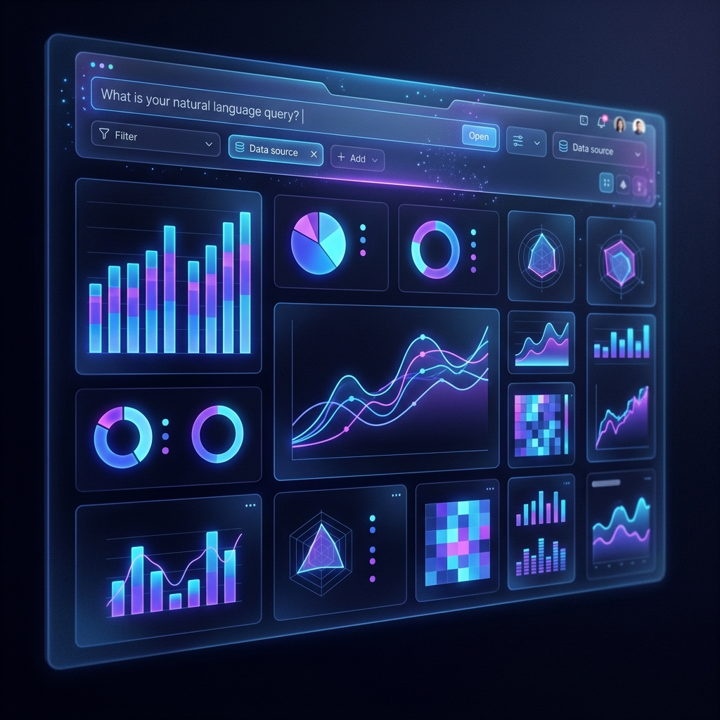 GenBi Systems dashboard interface showing AI-generated data visualizations with natural language queries, bar charts, line graphs, and real-time analytics
